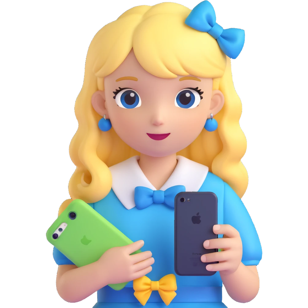 cute girl with yellow hair and blue bow holding an iPhone, clear and detailed, no background emoji