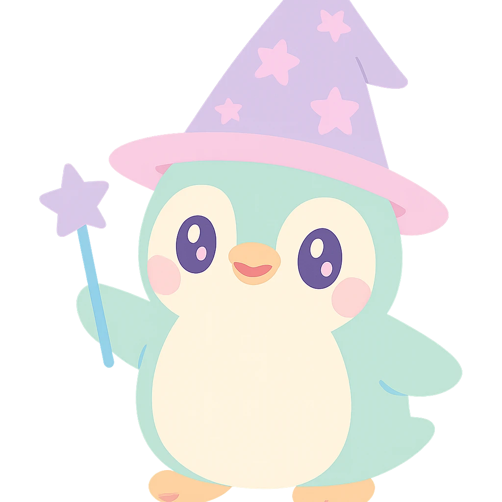 {
  "style_description": {
    "overall_look": "Cute, minimal, and soft with a friendly and playful tone",
    "material_simulation": {
      "primary_material": "flat digital color",
      "texture_detail": "smooth surfaces with no texture or shading",
      "pattern": "none or very simple decorative accents (e.g., hearts, stars)"
    },
    "geometry": {
      "edge_style": "rounded, soft curves with no sharp angles",
      "dimensionality": "flat two-dimensional appearance with simple shapes"
    },
    "color_palette": {
      "scheme": "pastel and light tones",
      "preferred_colors": ["pink", "mint", "lavender", "baby blue", "peach"],
      "contrast": "low contrast with bright accents"
    },
    "facial_features": {
      "eyes": "large, sparkly, often oval or circular",
      "mouth": "small, often a simple curve or dot",
      "expression": "joyful, innocent, or calm"
    },
    "lighting": {
      "type": "none or implied with soft highlights",
      "purpose": "maintain a clean and cheerful look"
    },
    "render_constraints": {
      "avoid": ["realistic shading", "high detail", "dark themes", "texture noise"],
      "focus_on": ["cute expression", "iconic simplicity", "emotional warmth"]
    },
    "background": {
      "color": "white or soft pastel",
      "style": "plain or patterned with simple icons (e.g., polka dots, stars)",
      "lighting_consistency": "no shadows, evenly lit feel"
    }
  }
}

{subject} = penguin wizard emoji