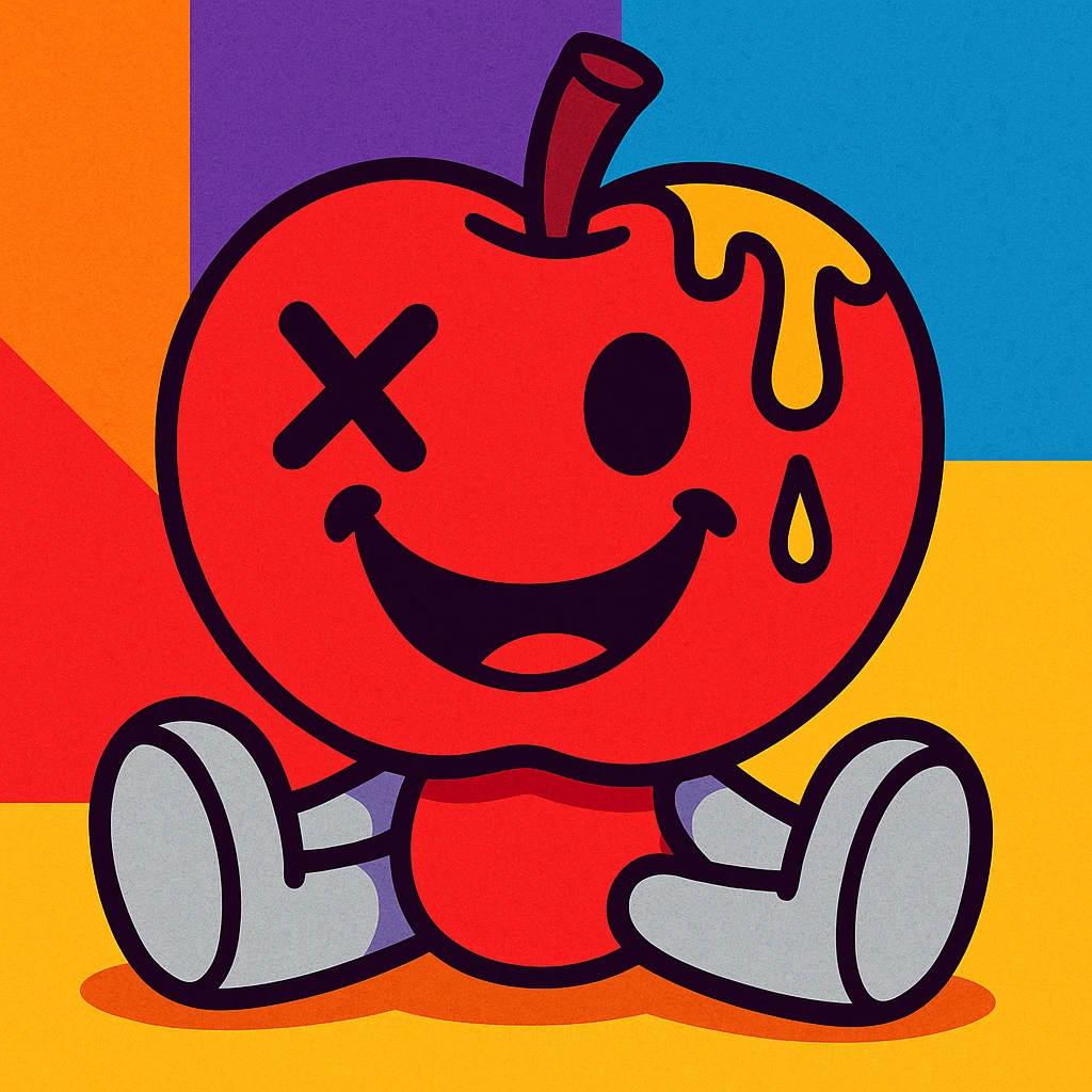 vibrant-toon style: apple plush toy, light grey plush limbs, left eye is an X, ichor leaking from stem, no leaf, wide happy grin emoji