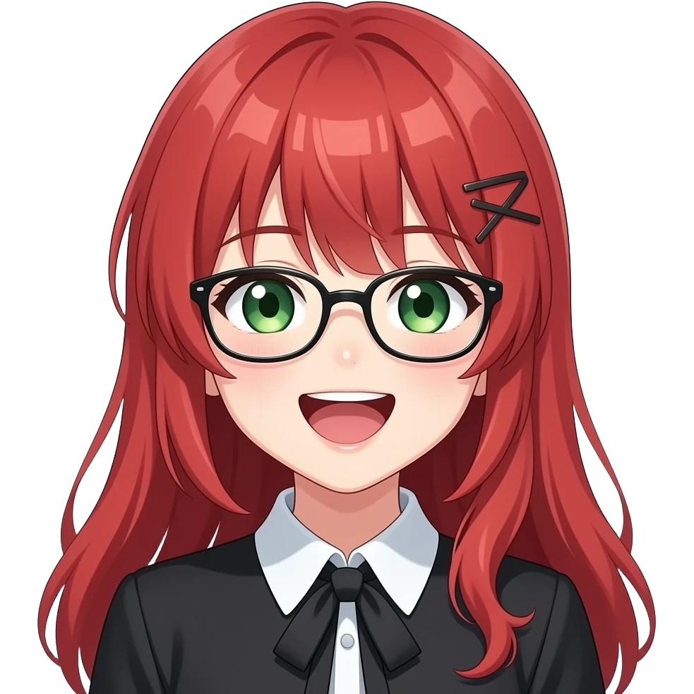anime girl laughing glasses red hair green eyes black blouse with white collar emoji