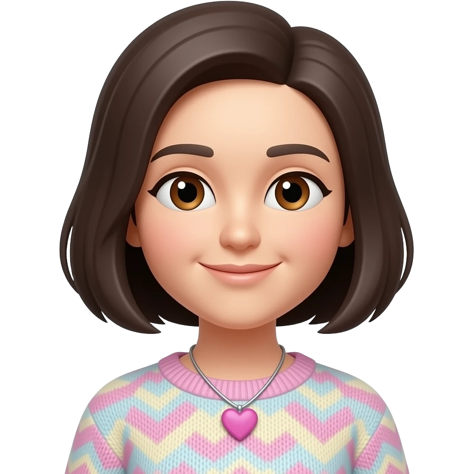 Apple-style female emoji avatar, light skin, short dark brown bob with no bangs, brown eyes, soft smile, pastel patterned sweater, heart necklace, front-facing, smooth 3D memoji style, transparent background. emoji