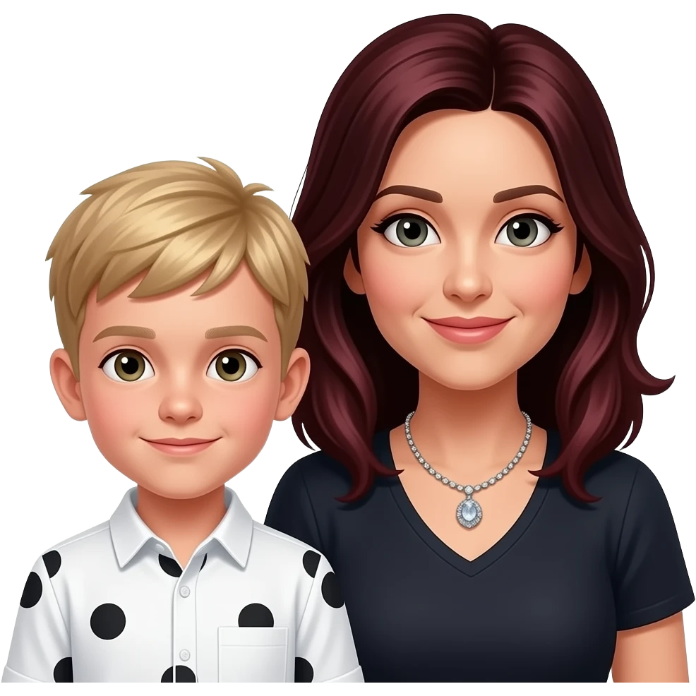 8 year old boy with blond hair and white shirt with black dots on shirt and mother sitting next to him mother is 38 and with black hair mixed with dark red hair and mom has a beautiful necklace with a shiny gem on it emoji