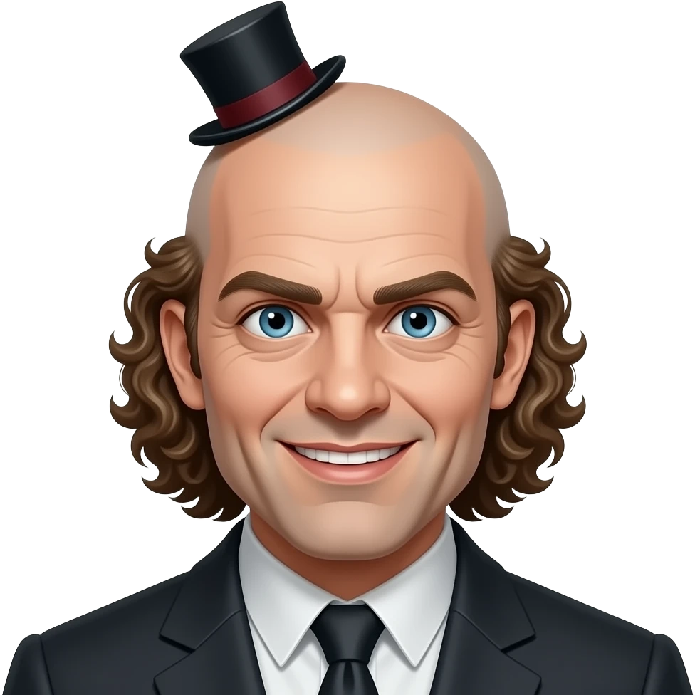 Evil man with a bald head but long curly sideburns and a tiny top hat emoji