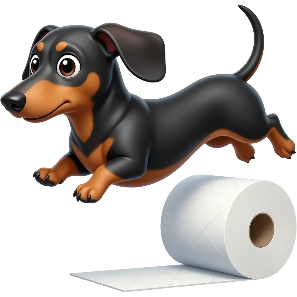 whimsical dachshund wide eyes full body jumping over toilet paper emoji