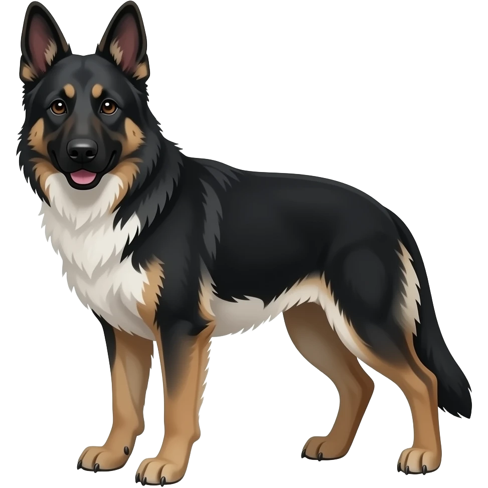 all black alsatian type dog with all black face white chest long legs and all claws white emoji