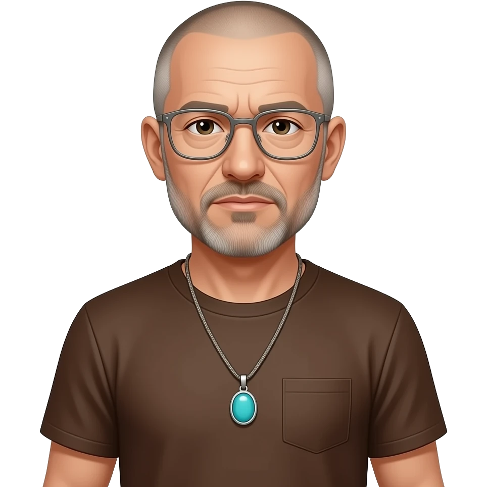 pointed chin indifferent pointed chin haved face pendant Turquoise on brown paracord t shirt shaved short hair full-length photo of extreme streetwear clean-shaven face cool boy thin metal-framed glasses ery entellectual man, 60 years old, street wear stubble, shaved short with clippers emoji