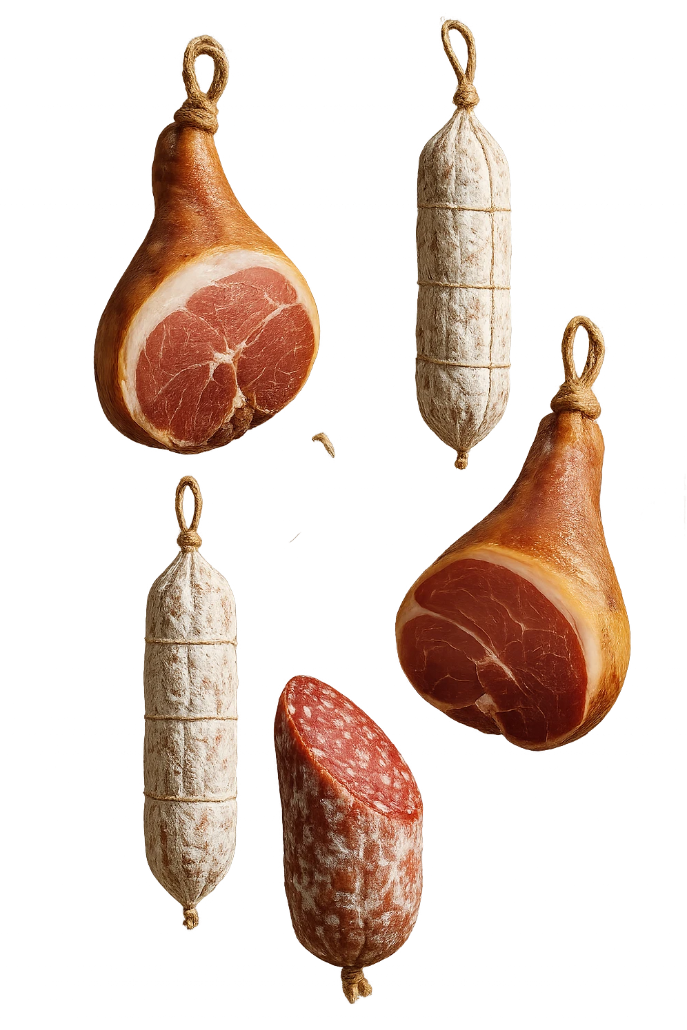 prosciutti e salami fluttuano in aria verticalmente, IPERREALISTICA 4K emoji
