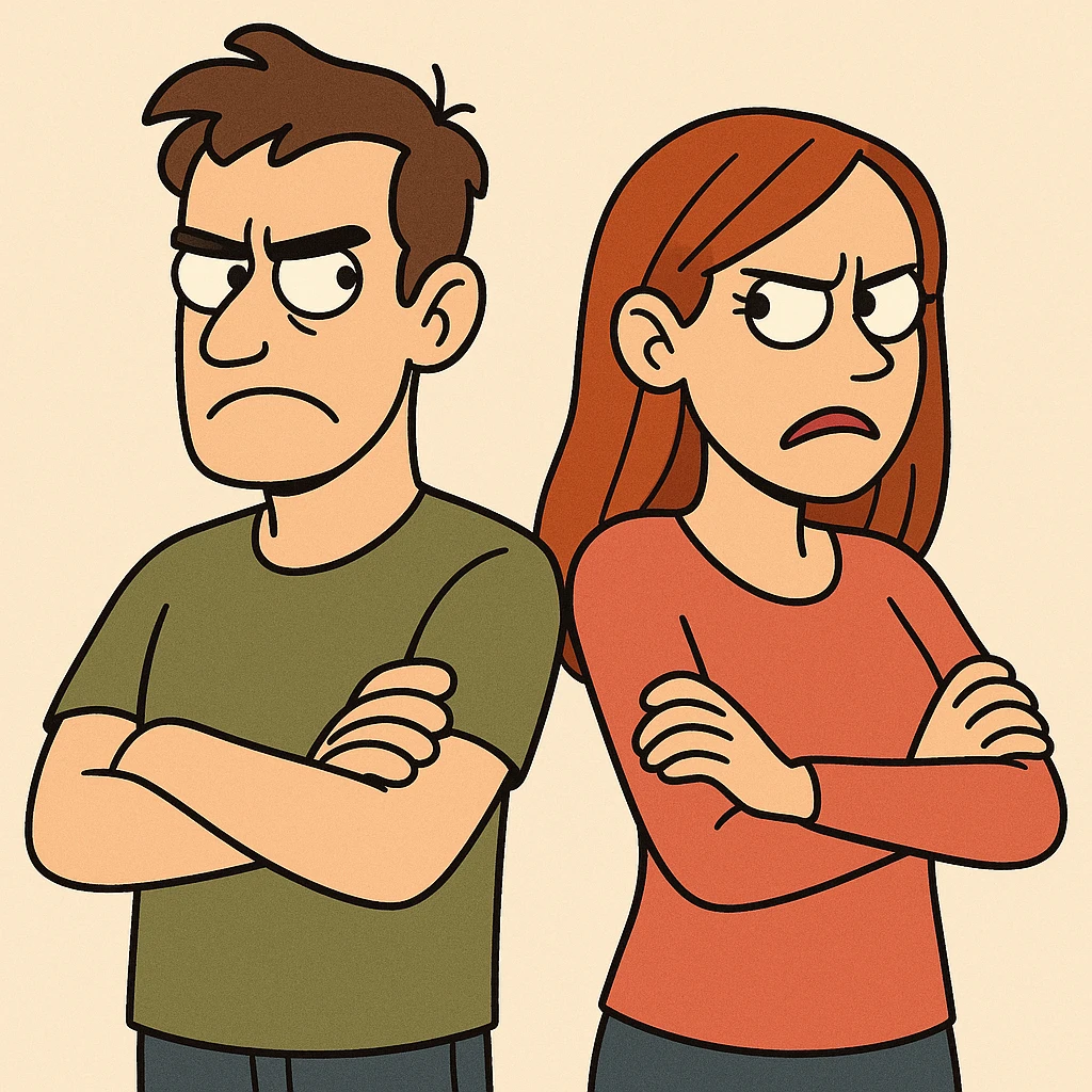 man and woman with crossed arms, tense faces, bold colors, flat-toon style emoji