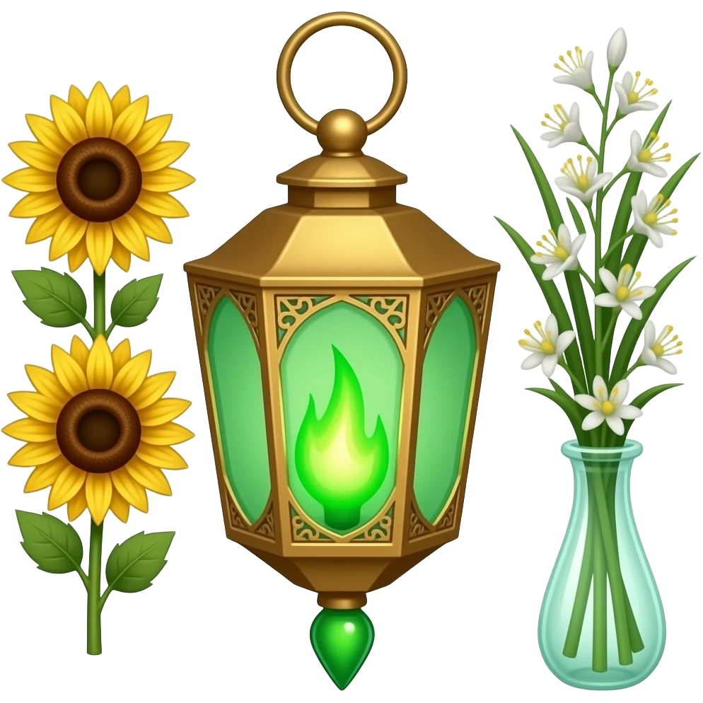 A golden hanging lantern with a bright emerald green flames, an empty loop on top, fae filigree themed sunflowers on the left and asphodels on the right as part of the design, but simple focus more on the green flames, paint the glass more green, have its bottom point come to some sort of point emoji