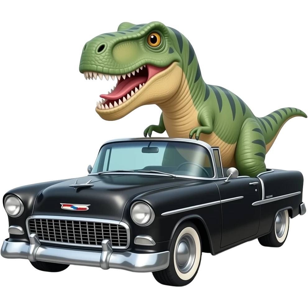 dinosaur driving black 1955 chevy 3/4 view emoji