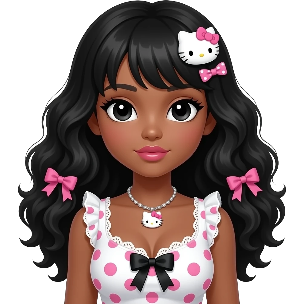 black girl, pink lips, my melody hairclip, dark brown skin, Doll faced shaped, hello kitty necklace, bimbo, black doll eyes, Big lips, long curly black hair, with white or black lace pink polka dots with gyaru sleeveless shirt, with hime gyaru bows, big breast emoji