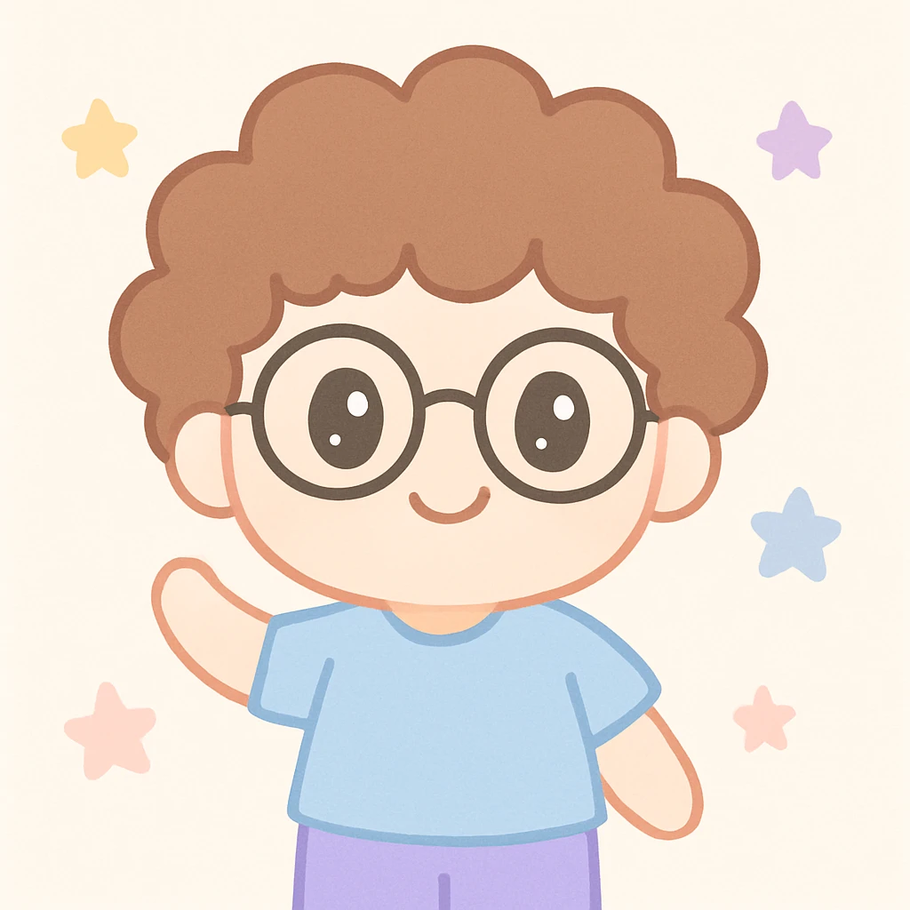 character with curly brown hair, eyeglasses, white complexion skin, cute cartoon style emoji
