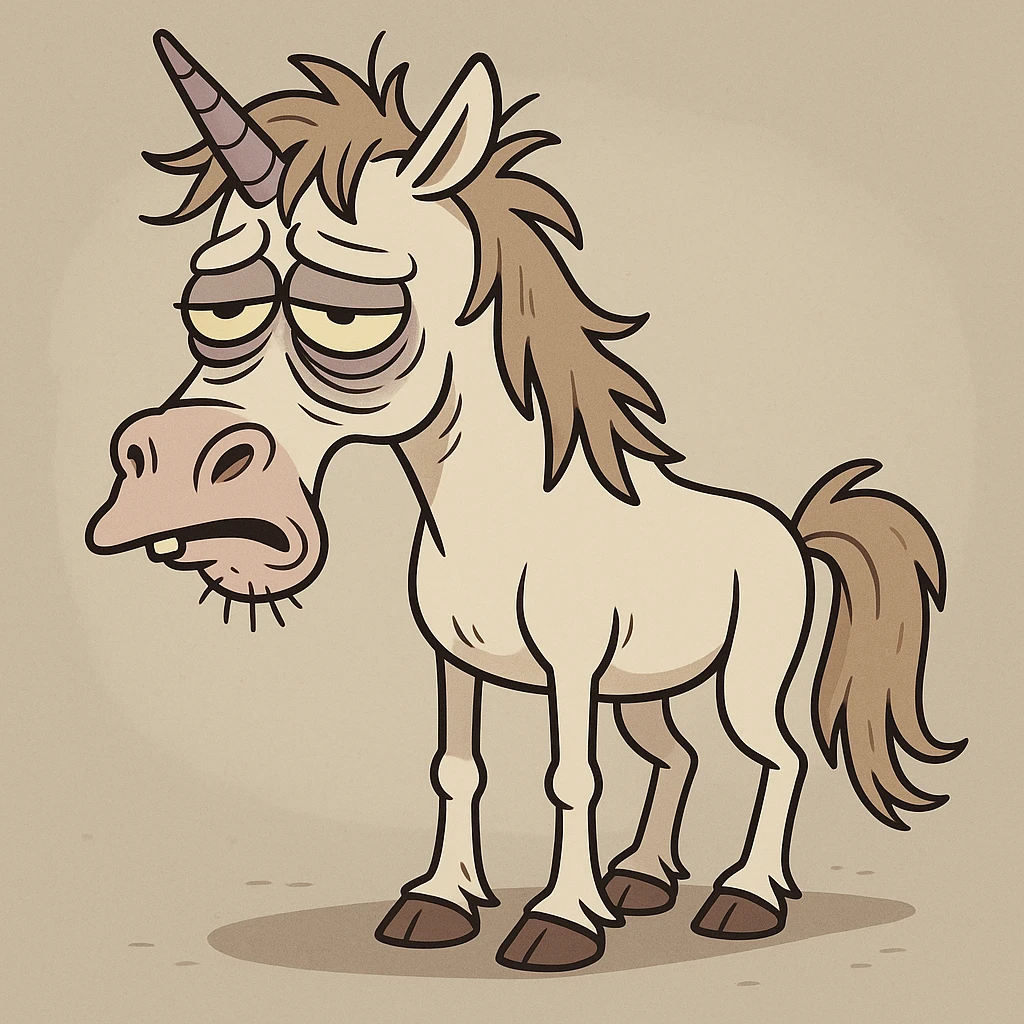 a disgusting, rumpled unicorn with bags under his eyes and a drooping horn, in a cartoonish style emoji