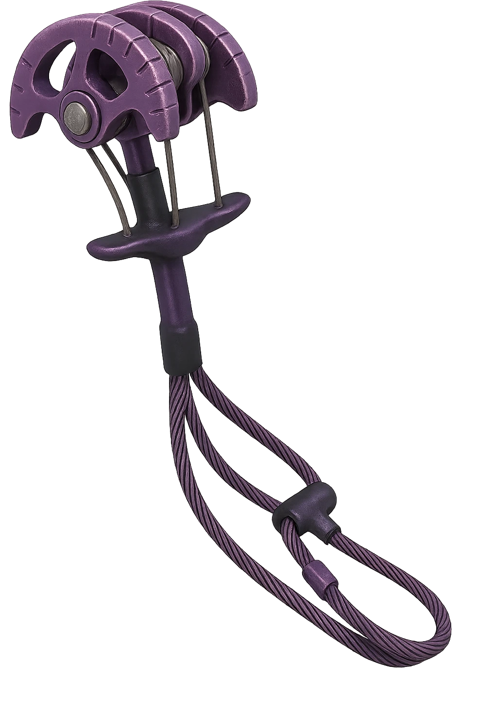 Trad climbing camming device in purple, metallic, with lobes and a stem, isolated on transparent background, realistic metallic texture and details emoji