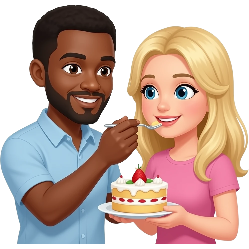 Black man feeding blonde woman cake emoji
