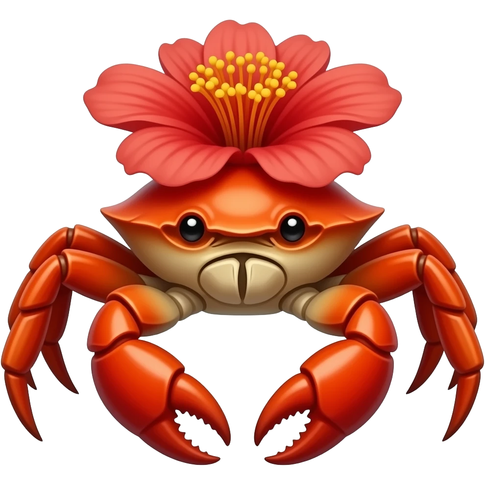 A red crab with a red flower growing on its back on its back red eyes facing forward emoji