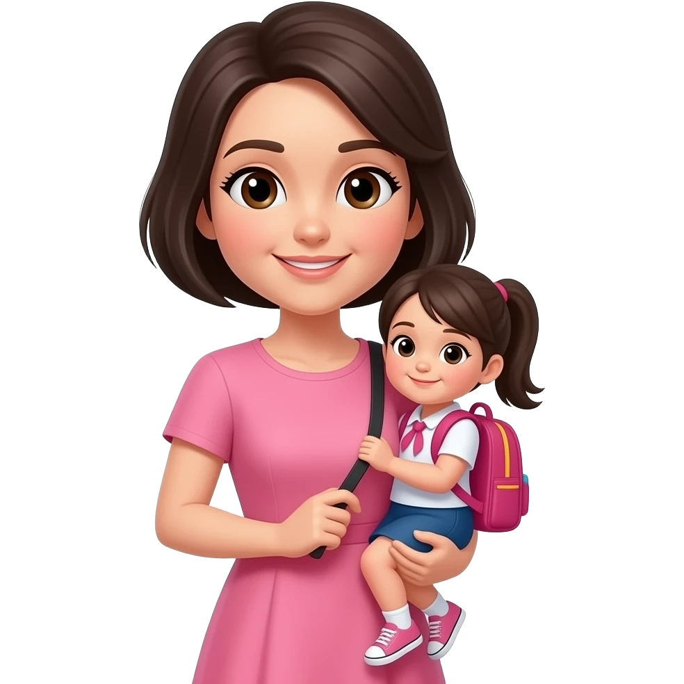 mujer de cabello oscuro y corto, con ojos color cafe, con vestido color rosa, llevando a su hija pequeña al colegio emoji