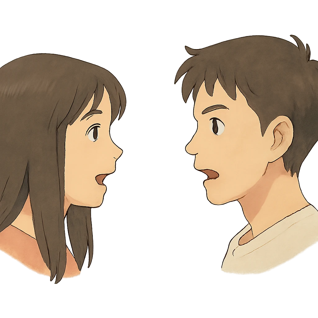 ghibli style illustration of two speaking heads facing each other emoji