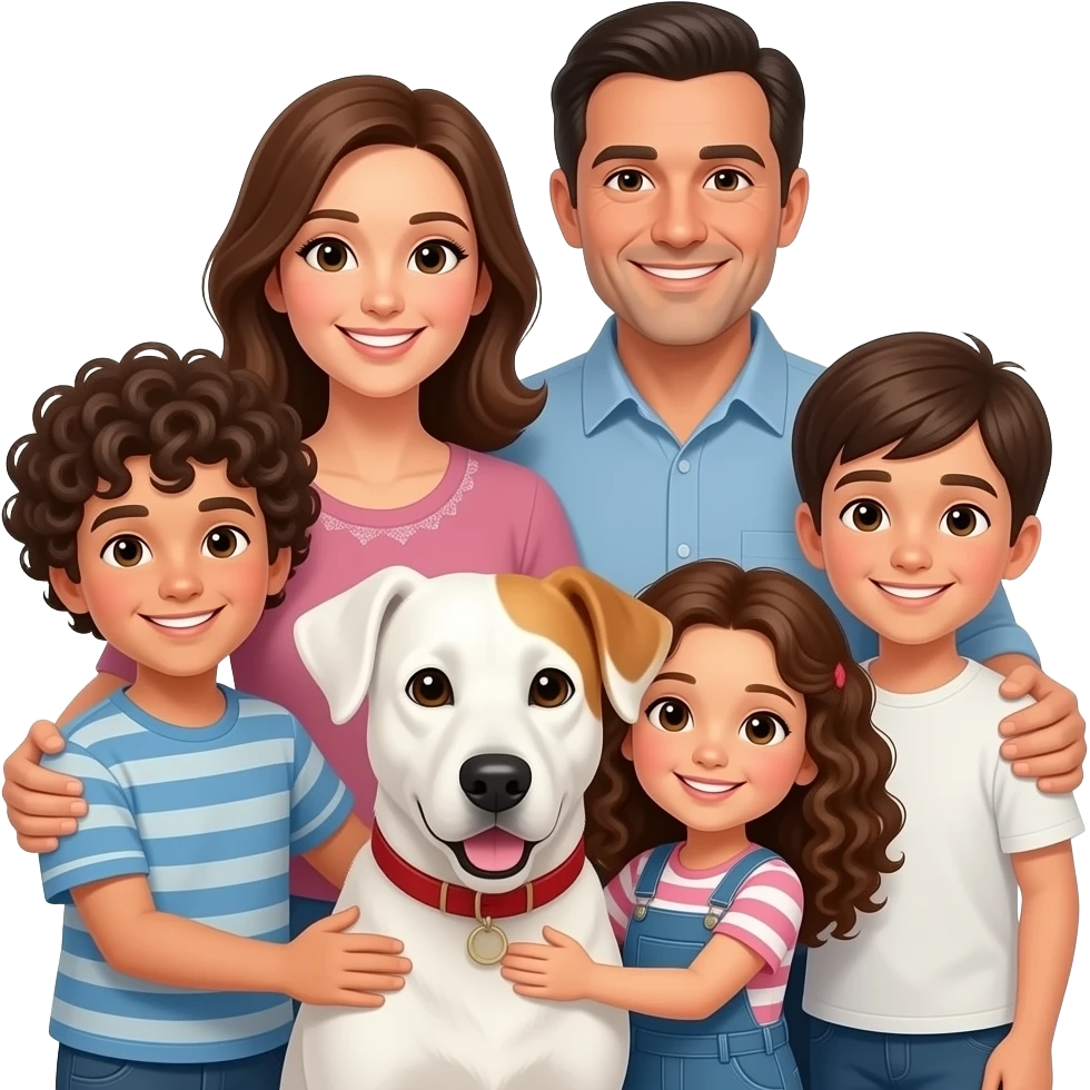 Italian family of 5 mom dad 1 son curly hair 1 son straight hair  1 daughter curly hair hugging 1 white hound mix emoji