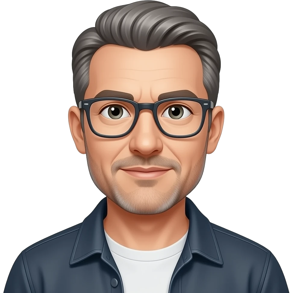 metal-framed glasses very entellectual man, 65 years old, street wear stubble, shaved short with clippers emoji