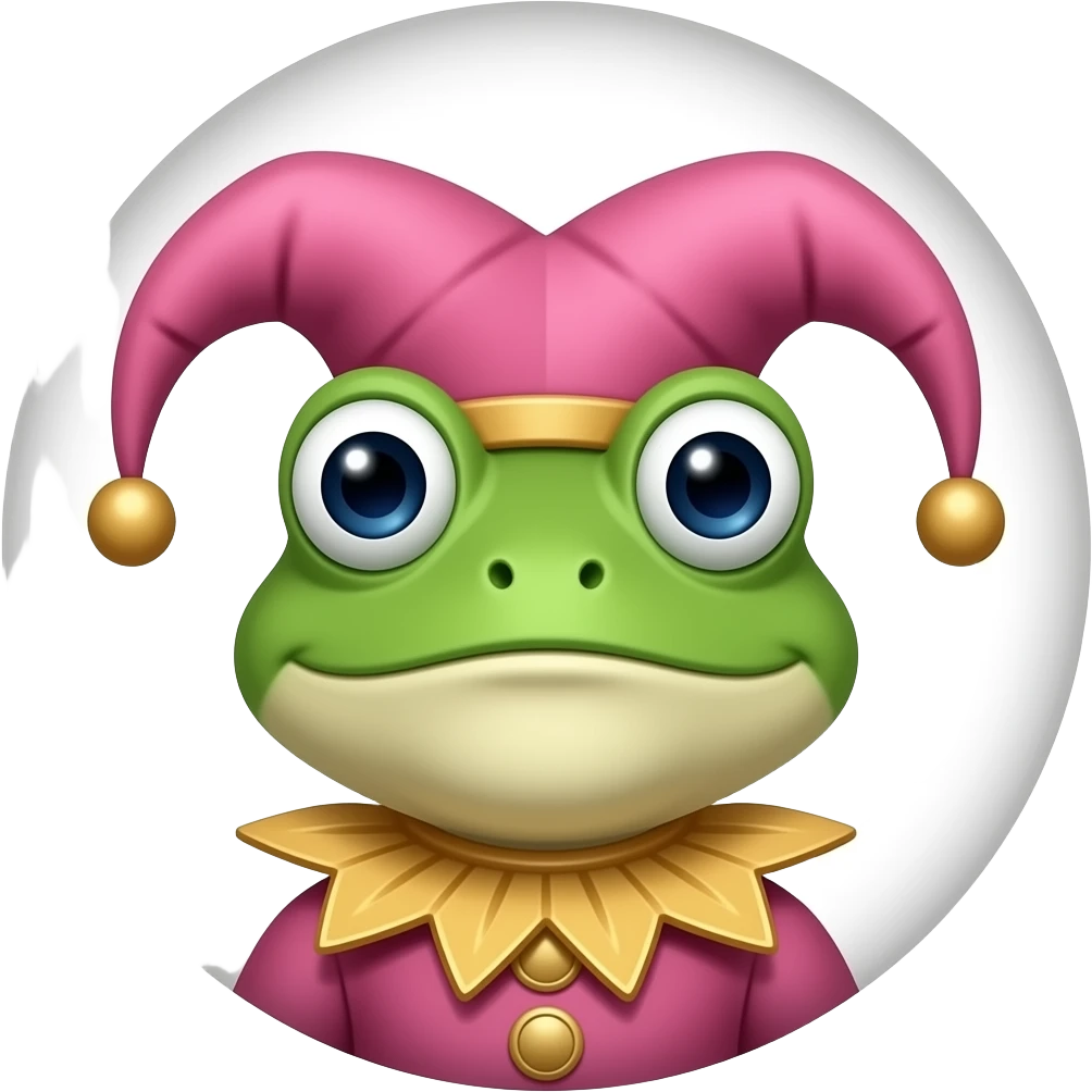 court jester frog medieval, single poker card joker clearly visible, pink, face only, round badge, court emoji