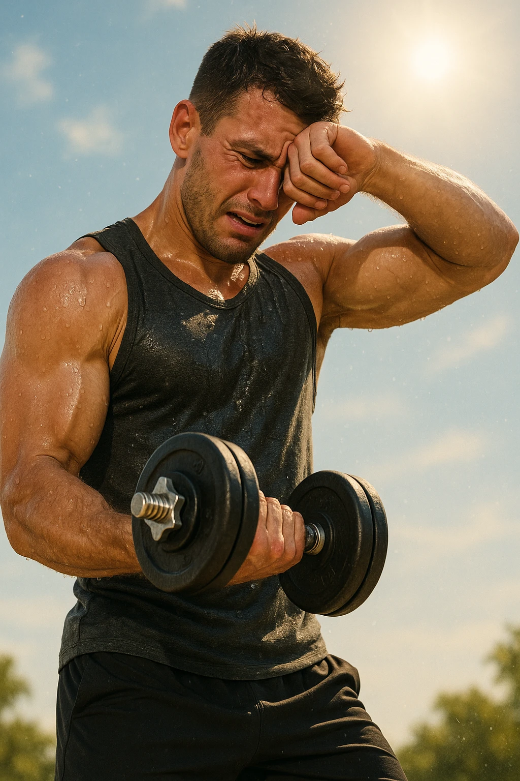 uomo fitness che si allena in estate, tutto sudato, con una mano fa un curl manubri mentre con l'altra mano si asciuga il sudore dalla fronte, espressione affaticata in volto emoji