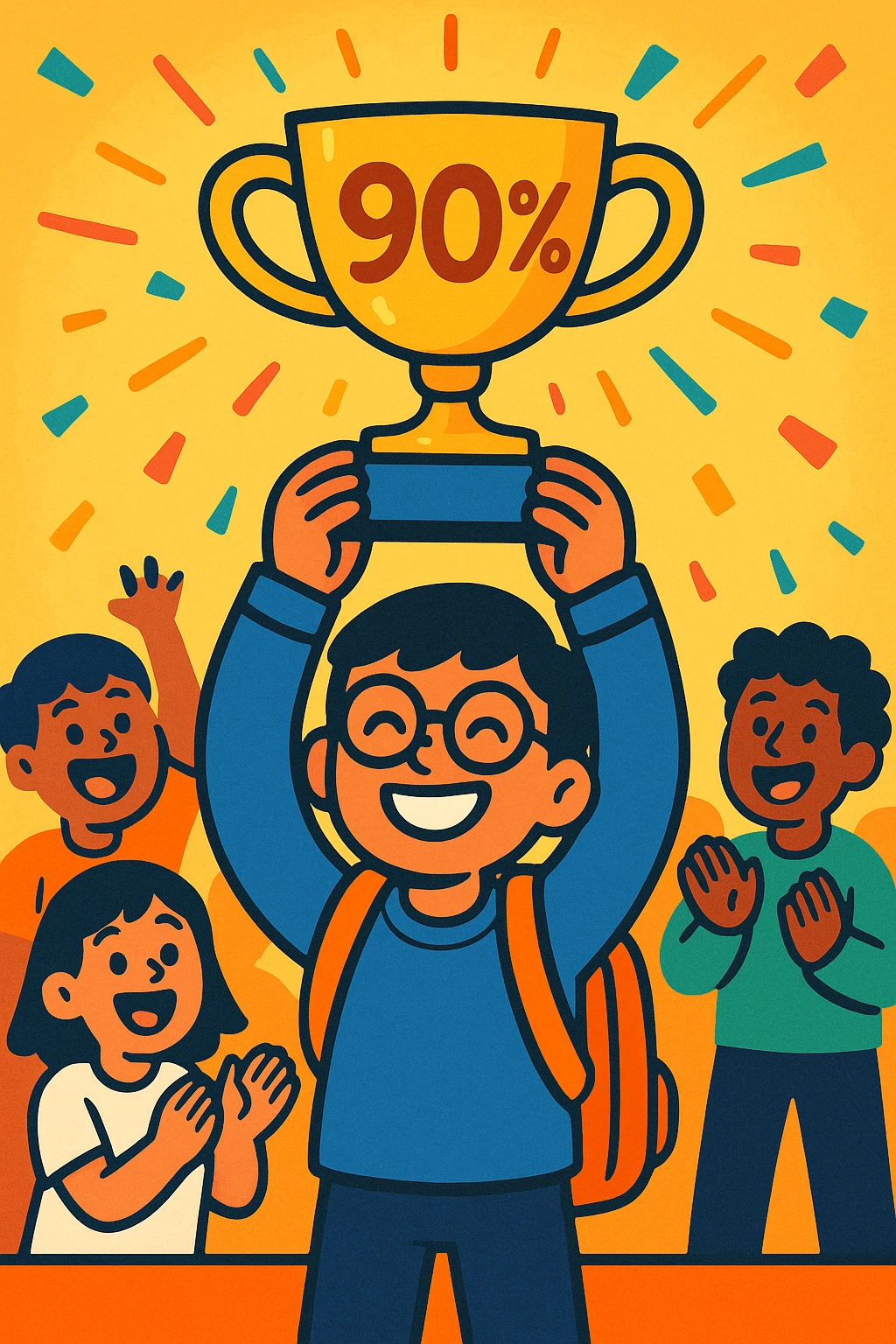 a smiling student raising a trophy with '90%' on it, classmates clapping in the background, colorful and energetic emoji