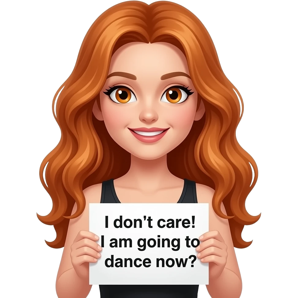 sexy girl with long wavy ginger hair and ginger eyes wearing a black tanktop is holding a white colored sign with MIR DOCH EGAL! Ich gehe jetzt TANZEN written on it emoji