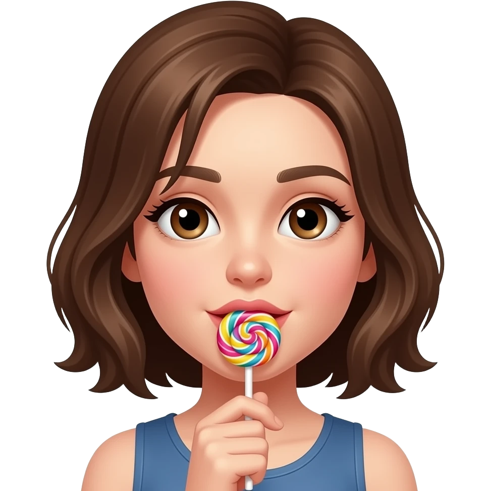 White girl with brown hair and brown eyes licking a ring pop emoji