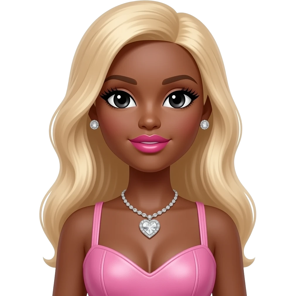 Black girl, Pink big lips, black doll eyes, dark brown skin, Long giant lashes,Doll faced shaped, silver Swarovski heart necklace, big diamond earrings studs, bimbo, black doll eyes, barbie, darker brown skin with blonde hair big breast, Beauty Doll Halter Faux pink Leather Mini Dress emoji