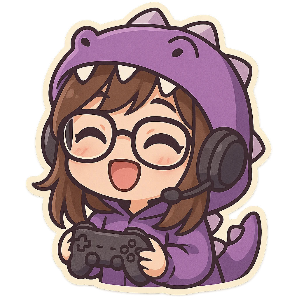 chibi anime style gamer girl with glasses, brown hair, dark purple eyes, wearing a purple dinosaur costume, making a happy emote emoji