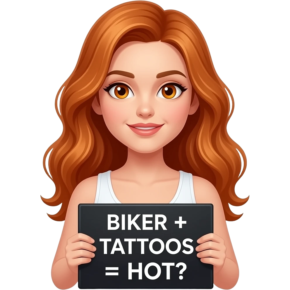 sexy girl with long wavy ginger hair and ginger eyes wearing a white tanktop is holding a black colored sign with BIKER + TATTOOS = HOT written on it emoji