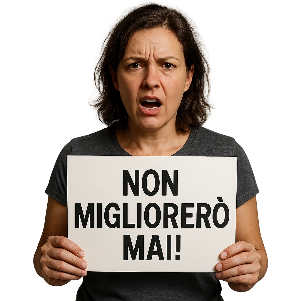DONNA CHE TIENE UN CARTELLO IN MANO CON LA SCRITTA "NON MIGLIORERò MAI!", iperrealistico 4k emoji