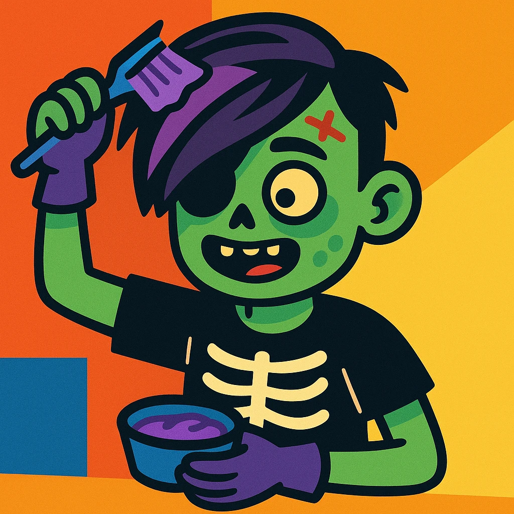 zombie boy with side-swept emo bangs, applying purple hair dye, quirky, fun emoji