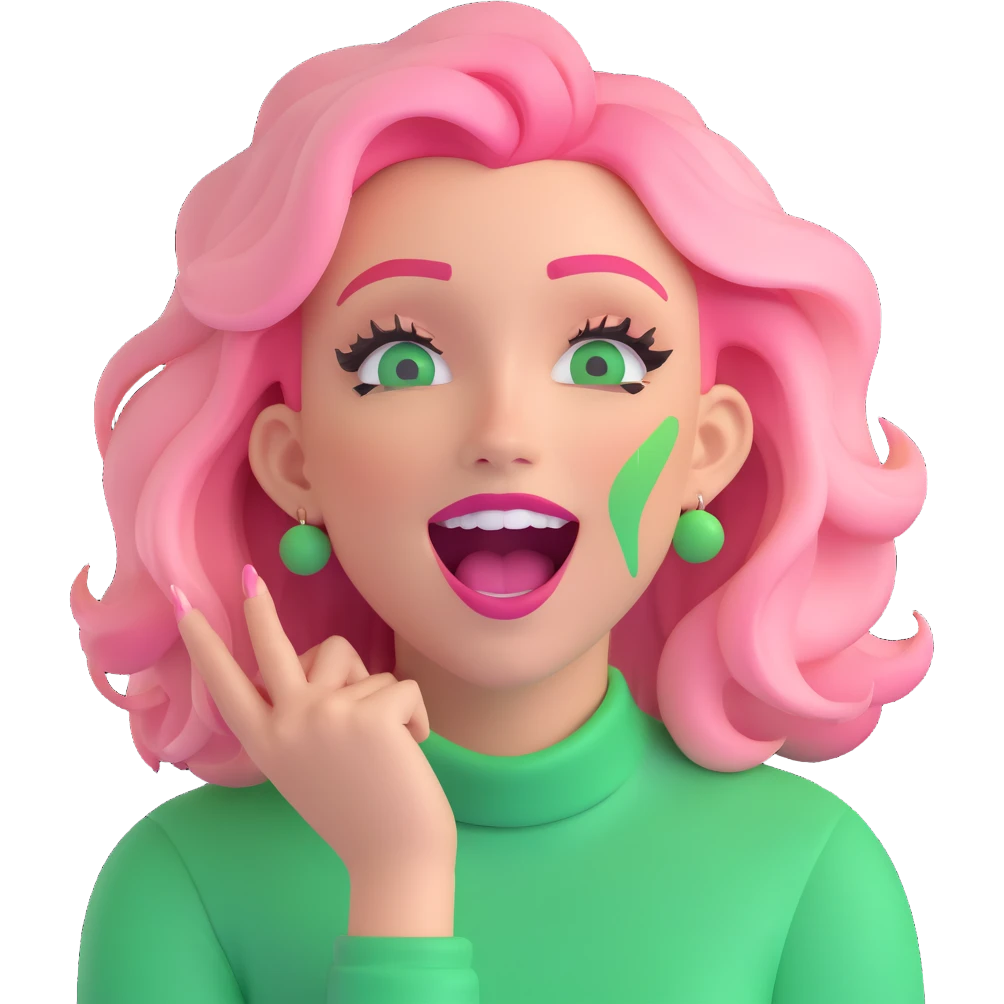 an excited woman with blond and pink hair and green make up emoji