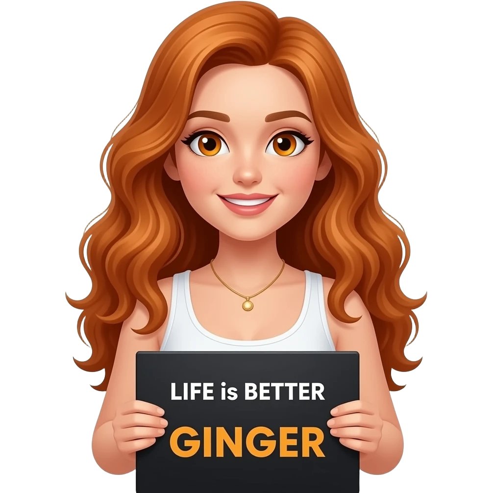 sexy girl with long wavy ginger hair and ginger eyes wearing a white tanktop is holding a black colored sign with LIFE is BETTER with a GINGER written on it emoji