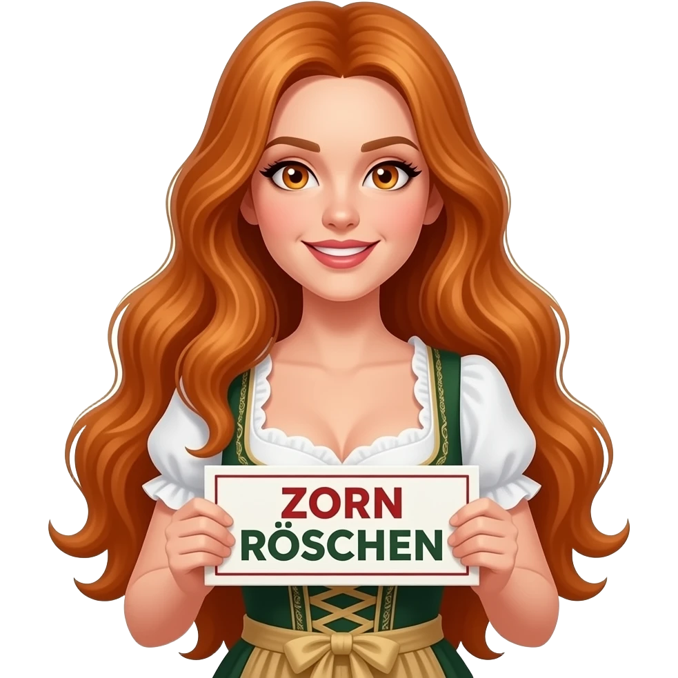 sexy girl with overlong ginger hair and ginger eyes wearing a dirndl holding ZORN RÖSCHEN sign emoji