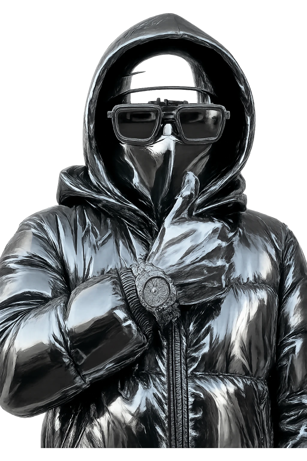 Transform the person in the image into a hyper-realistic chrome design with shiny metallic textures. Add stacks of money and a luxury car in the background. Emphasize a futuristic, high-end vibe with reflective chrome surfaces and sleek luxury elements. emoji