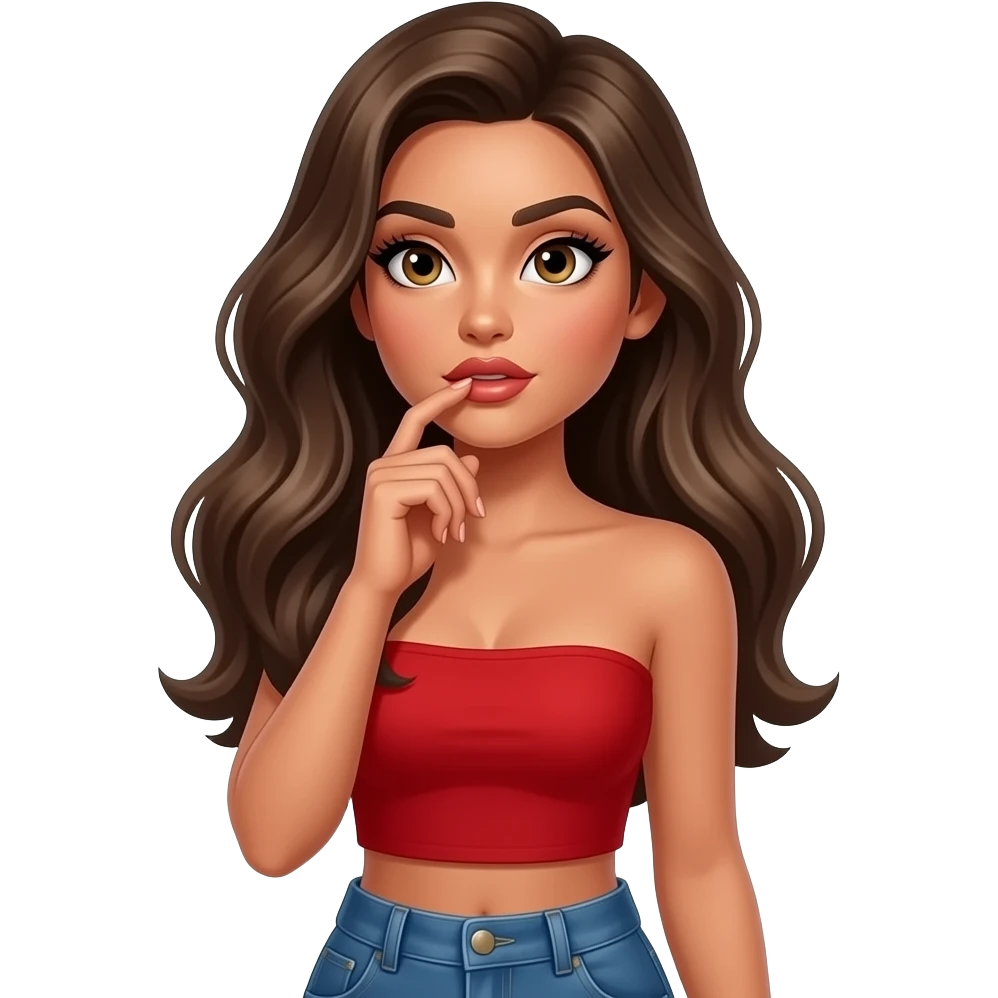 Fingers on lips and thinking looking up woman with tan glowy skin, hazel eyes almond with long lashes,, full lips, dark blonde flowing hair, delicate feminine sexy features, wearing a red crop top NO STRAPS and blue jeans, confident and femenine and glam makeup. Intense seductive look. REALISTIC emoji