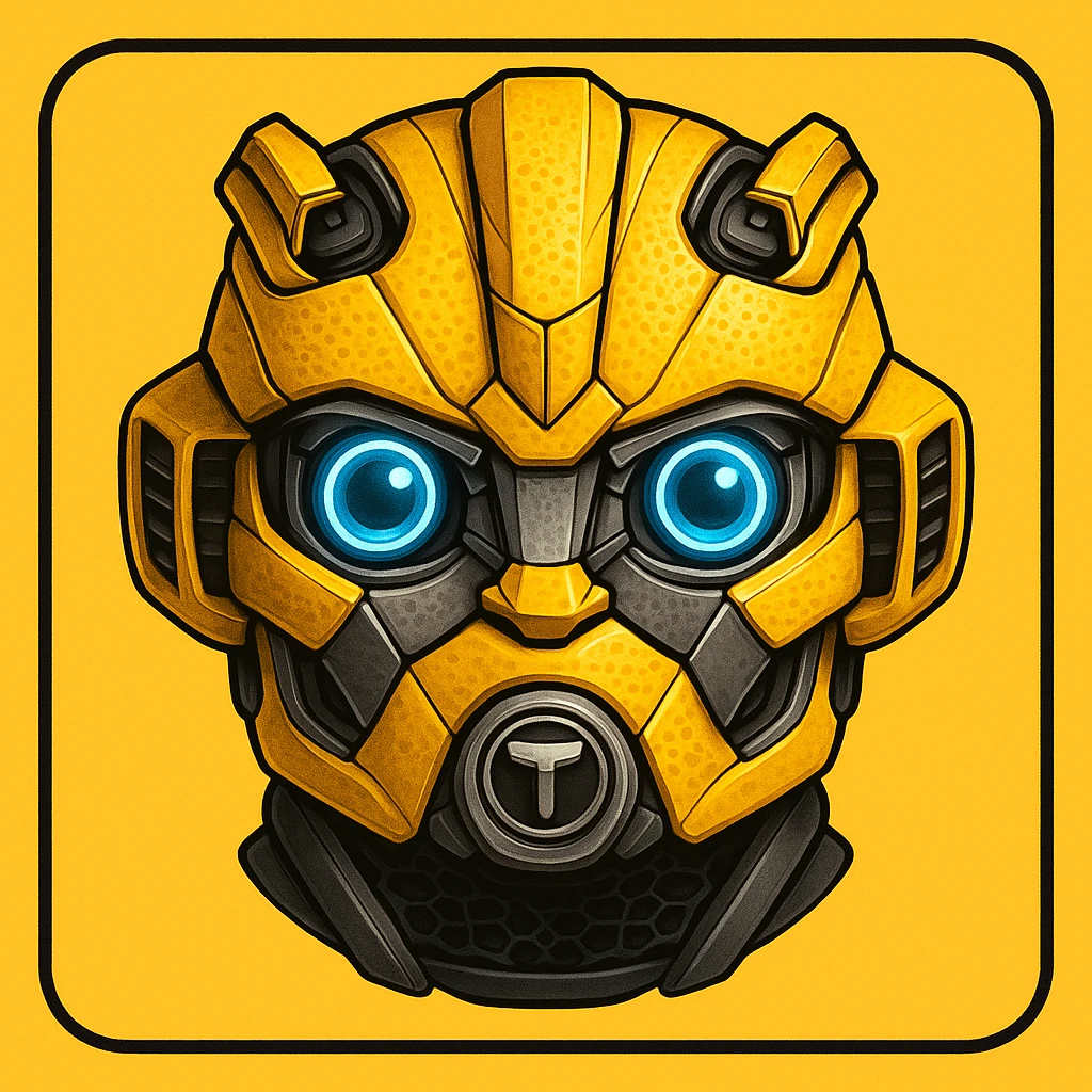 Edit the robot face to resemble the Transformers Bumblebee character more closely, while retaining the Toyota GR86 front features and the yuzu fruit texture. The image should have a yellow background with a black border and rounded corners. Maintain a style suitable for editing with clear details and vibrant colors to highlight these features. emoji