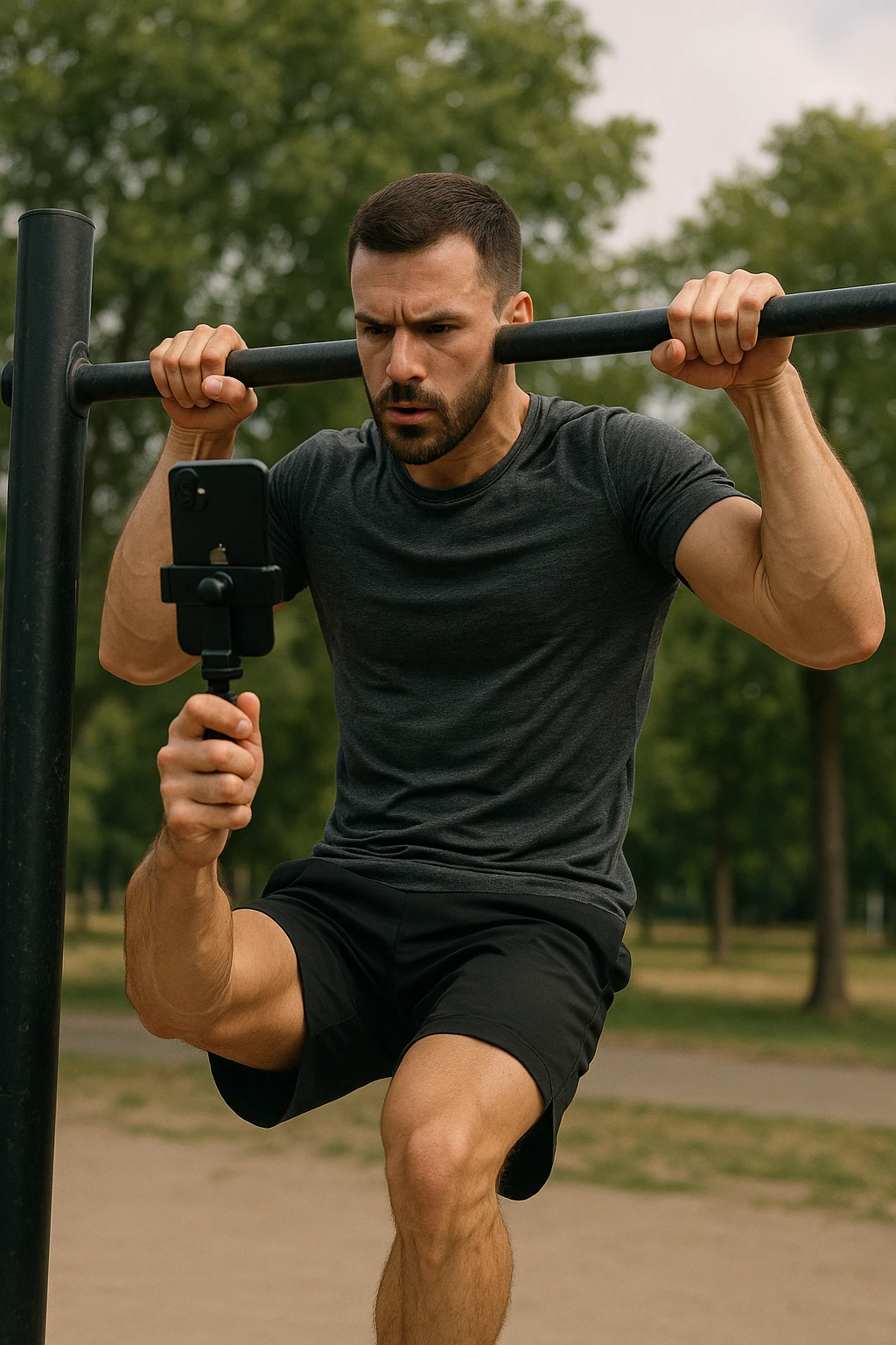 uomo che fa Muscle up e si sta filmando davanti con il telefonino per vedere la sua posizione dei gomiti e delle mani sulla sbarra emoji