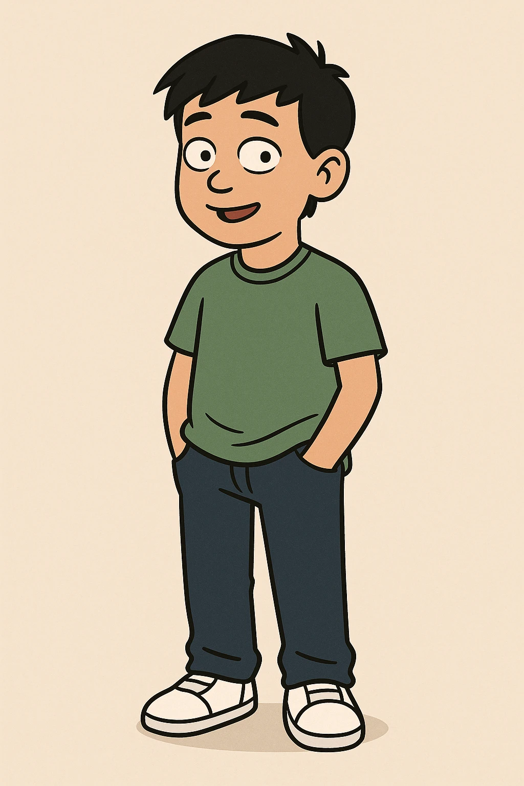 Chinese boy black hair green t-shirts dark blue jeans white shoes  emoji