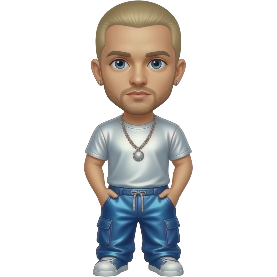 Eminem with blue eyes, blonde short buzz hair, white metallic t-shirt, blue metallic baggy pants, silver necklace and earrings emoji