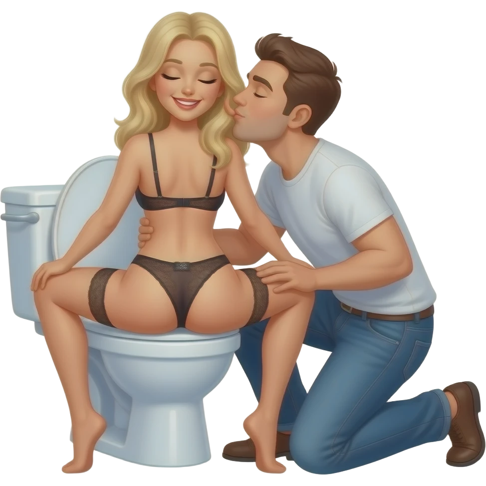White blonde woman in lingerie sits backwards on open toilet spreading her butt cheeks open while man kneels behind her kissing her butt. Eyes closed smiling emoji