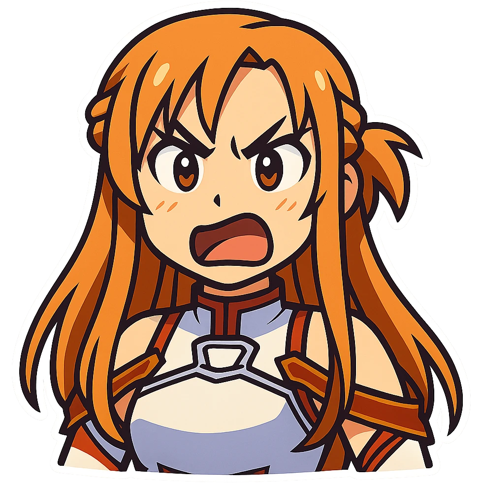 Sticker of Asuna from Sword Art Online in vibrant toon cartoon style, angry expression, transparent background, inspired by the reference image. emoji