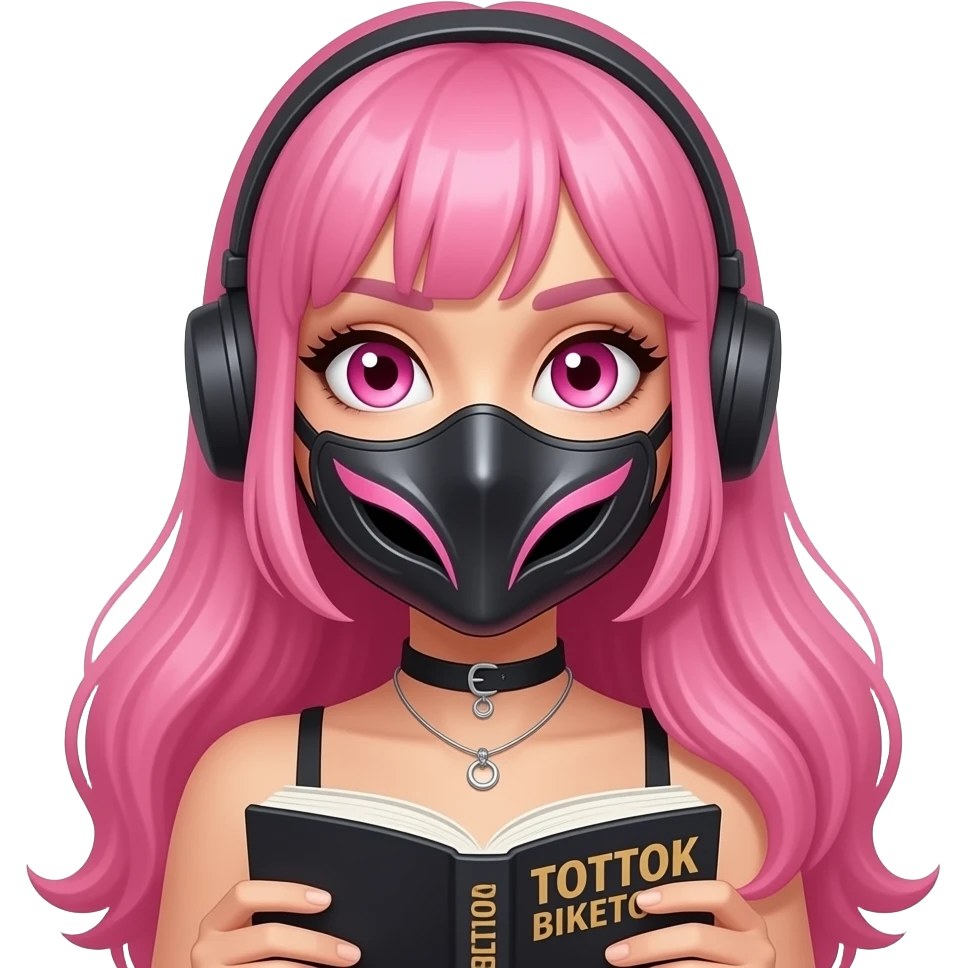 sexy girl with long pink hair and pink eyes holding a BOOKTOK BIKETOK MASKTOK emoji