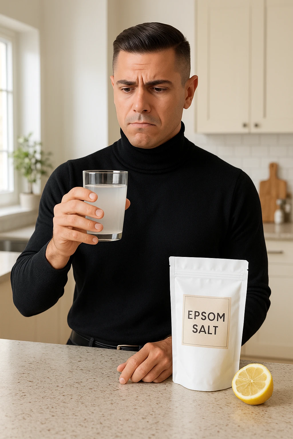 A realistic, bright photo-style image of a young man in his 30s standing in his kitchen, holding a clear glass filled with water in which Epsom salt (magnesium sulfate) has been dissolved. He looks focused but slightly uncertain as he prepares to drink it for a liver flush or digestive cleanse. The glass shows slight cloudiness from the dissolved salt. On the counter are a packet labeled 'Epsom Salt' and a sliced lemon, suggesting he might use it to mask the taste. The setting is clean, natural, and bright with neutral tones. The background shows sunlight streaming through a window, emphasizing a clean, minimalist health-focused environment. The mood conveys a realistic, calm moment of self-care with a hint of discomfort, illustrating a natural detox practice emoji