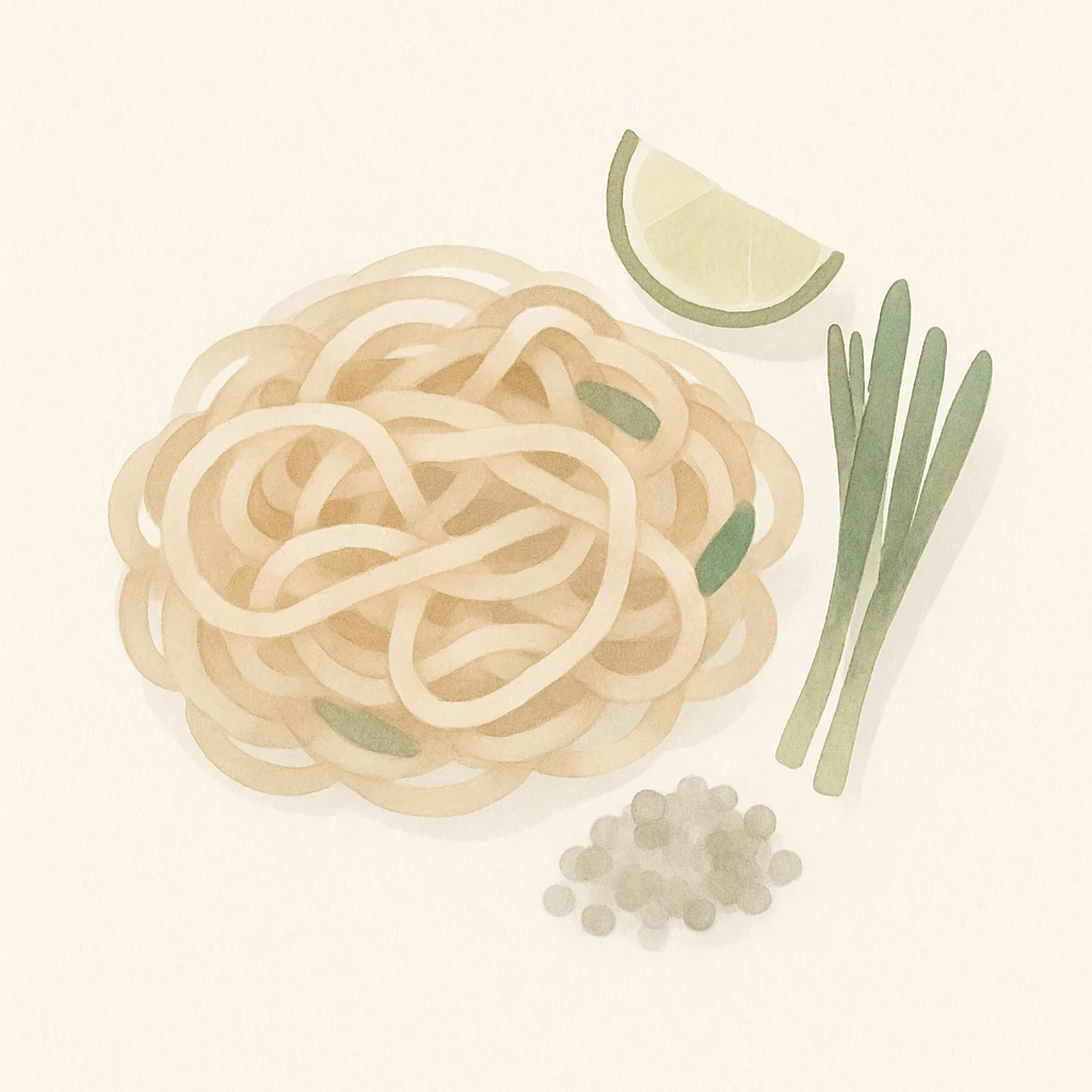 pad thai, watercolor style, soft edges, artistic, noodles, garnish, lime emoji