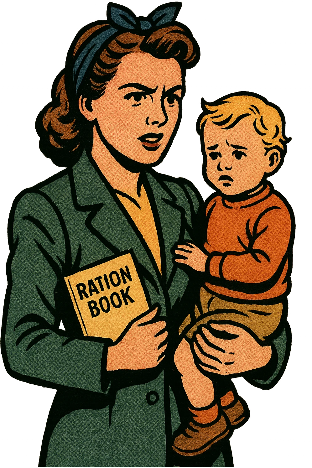 A young British 1940s civillian lady from wartime holding a small child and her ration book emoji