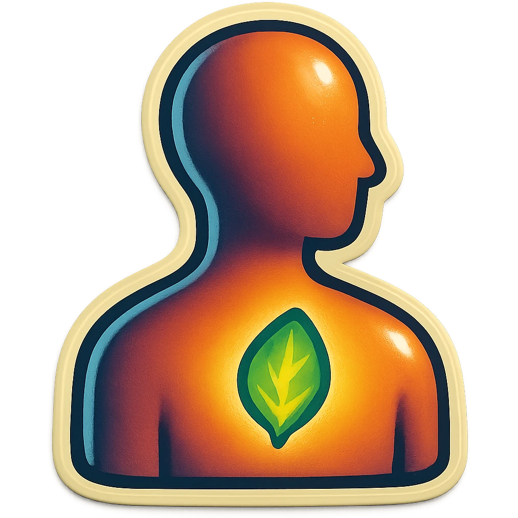 human silhouette or body with a leaf symbolizing mental health, leaf is glowing or highlighted, placed on the chest or face, retro stickers style, clear outlines, strong shadows and highlights, fun and not too complex, psychosomatics and psychology theme emoji